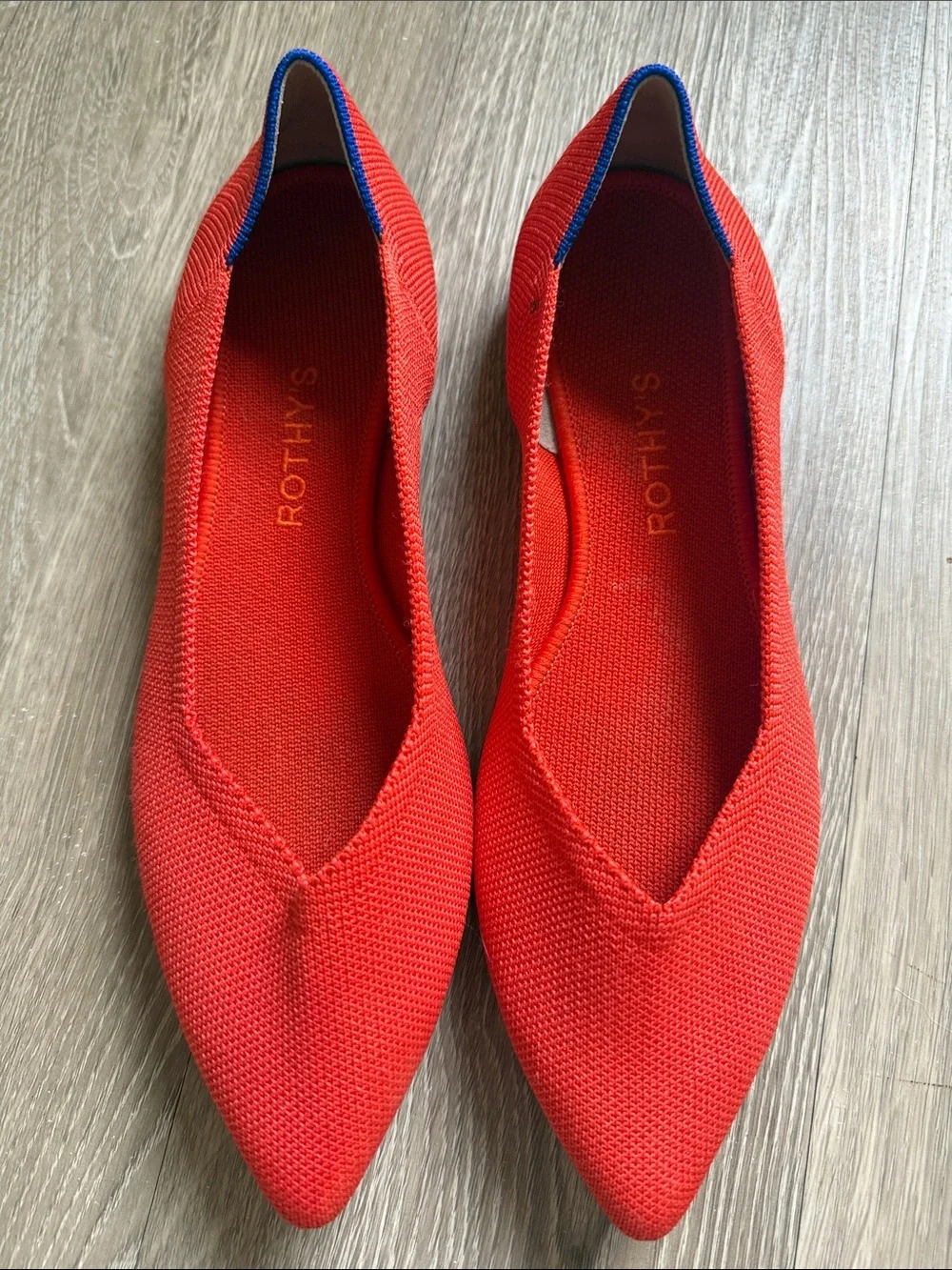 Rothy's Red Pointed Knit Slip-On Flats with Blue Trim